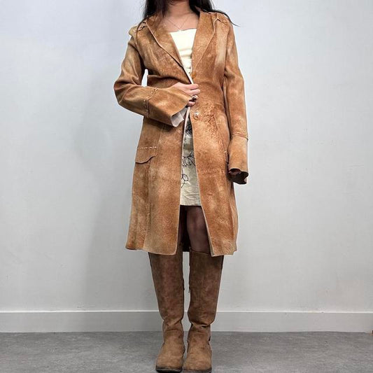 Tan suede long leather jacket