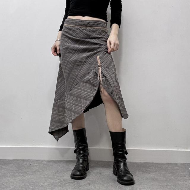 Brown pinstripe asymmetric midi skirt