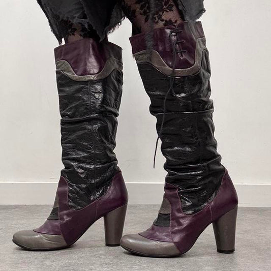 Grunge leather ruched heel boots