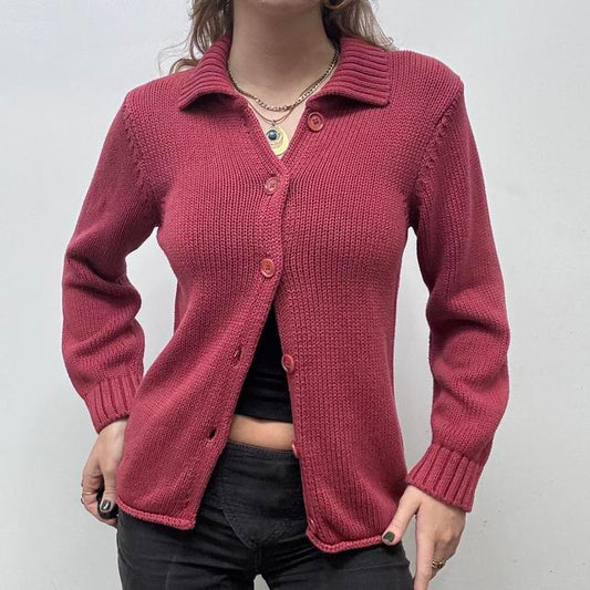 Red chunky cotton knit cardigan