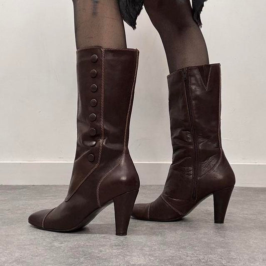 Dark brown leather heel button boots