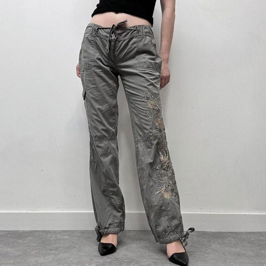 Khaki y2k emboidered cargo trousers