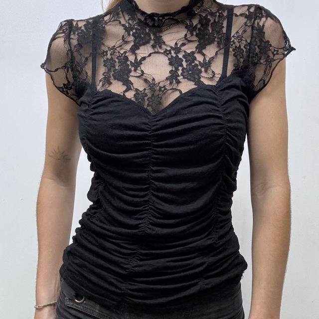Black lace ruched corset shirt
