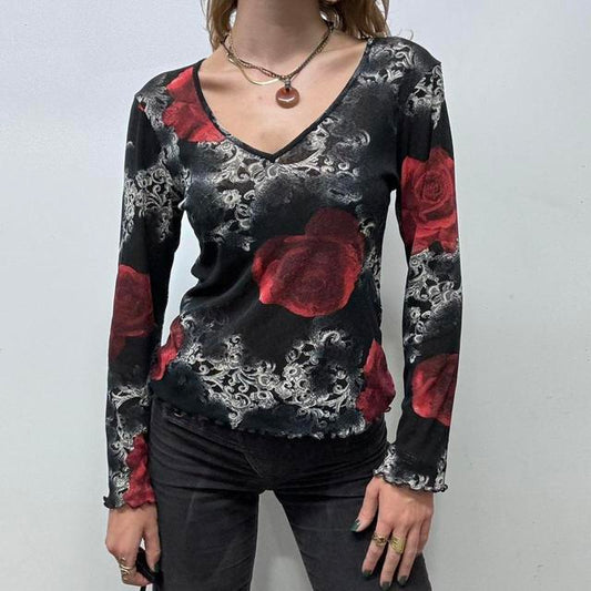 Gothic distressed floral long sleeve top