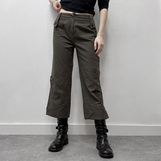 Khaki cropped cargo wide-leg trousers