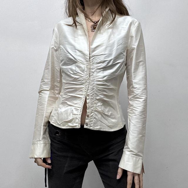 Cream gathered silk flared shirt