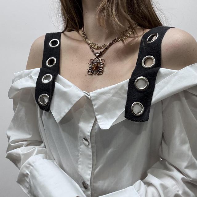 White off the shoulder eyelet shirt