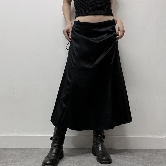 Black silk flared midi skirt