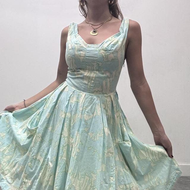 Blue graphic printed balloon puff midi dress