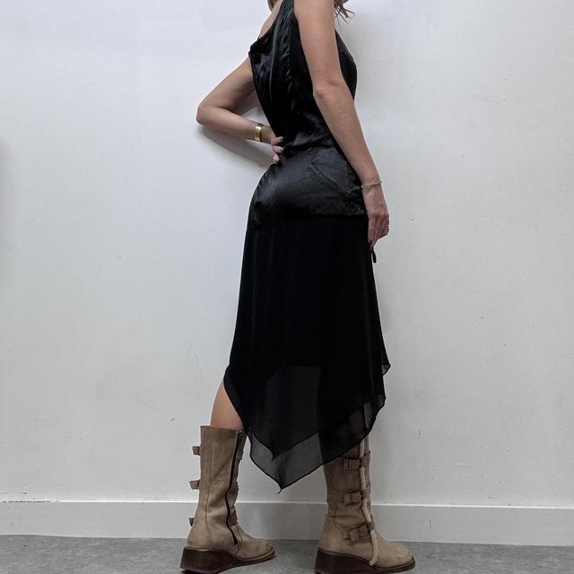 Black silk asymmetrical wide neck midi dress