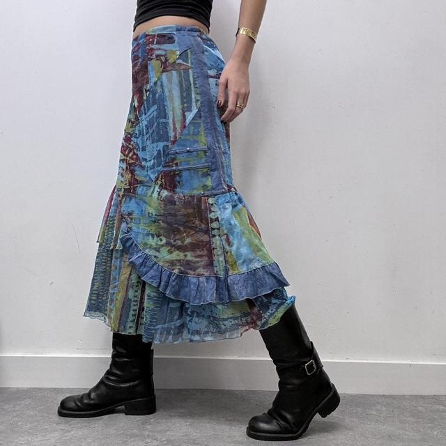 Blue printed graphic mesh y2k midi skirt