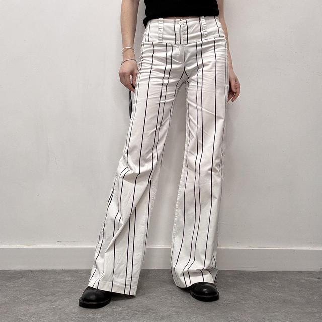 White pinstripe flared suit pants