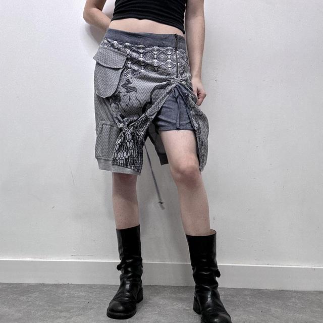 Grey graphic patterned asymmetric midi skirt