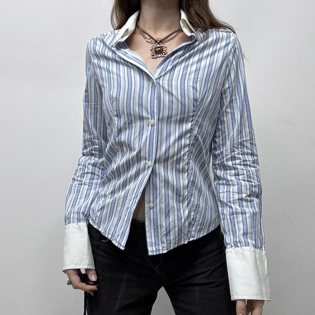 Blue pinstripe flared office shirt