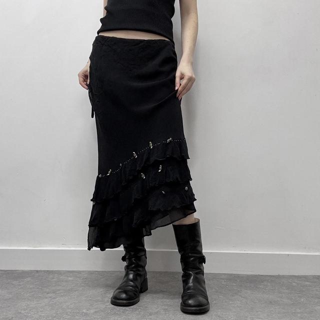 Black layered silk bow midi skirt