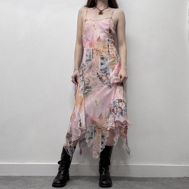Sheer pink flutter graphic handkerchief dress