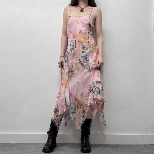 Sheer pink flutter graphic handkerchief dress