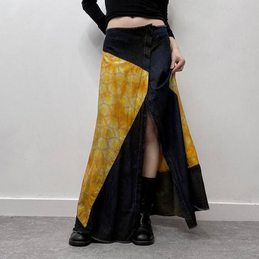 Asymmetric denim slit maxi skirt
