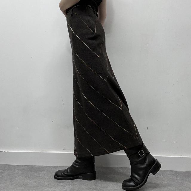 Brown pinstripe diagonal wool midi skirt