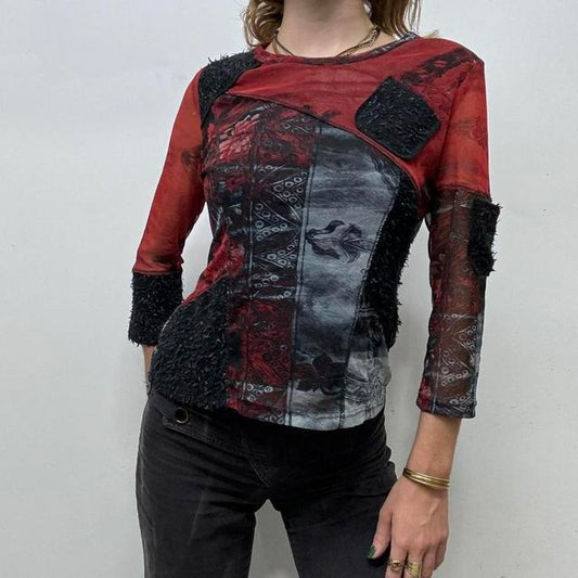 Black mesh red floral top