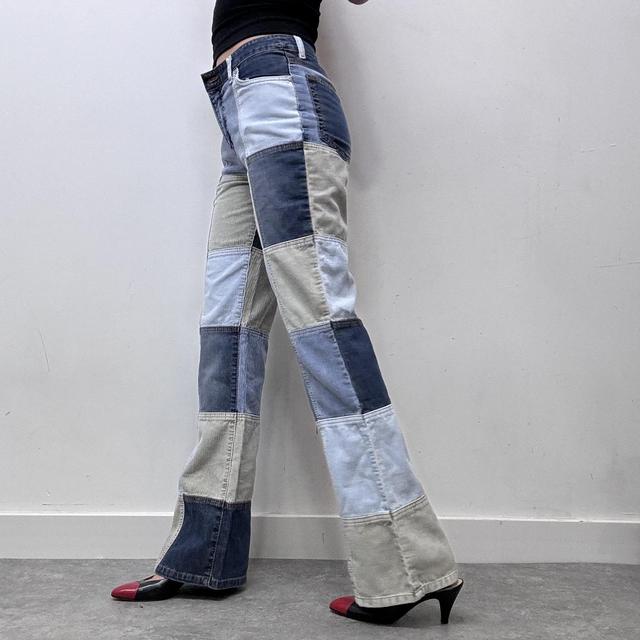 Denim corduroy patched flared jeans