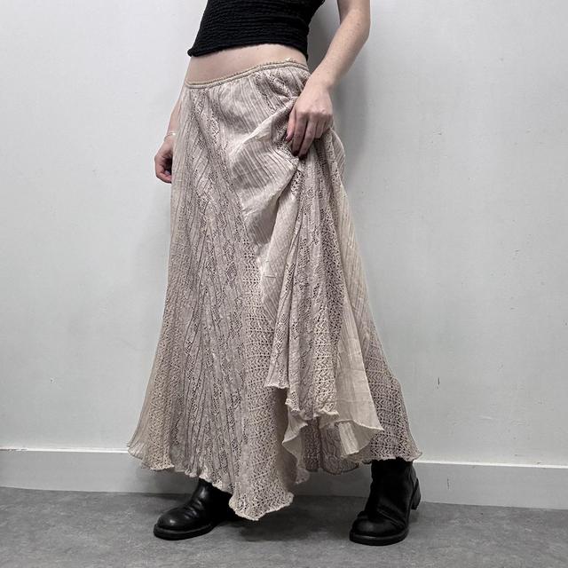 Beige lace flared pinstripe maxi skirt