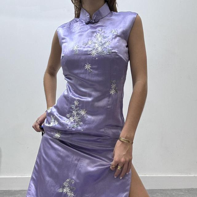 Embroidered silk high neck slit maxi dress
