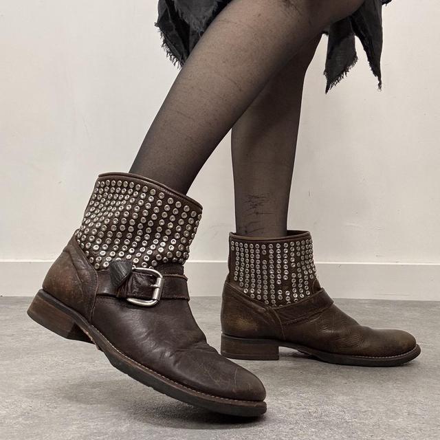 Brown leather studded eyelet boots