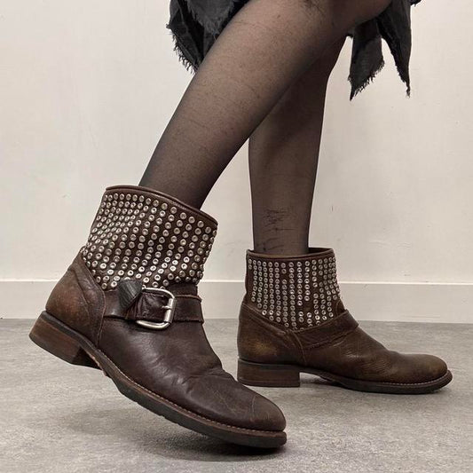 Brown leather studded eyelet boots