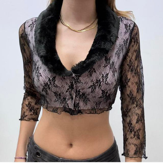 Lace cropped cardigan with faux fur