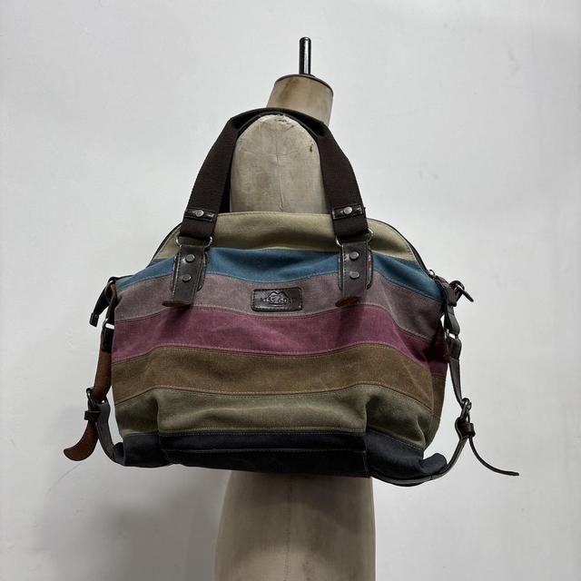 Striped canvas leather shoulder bag