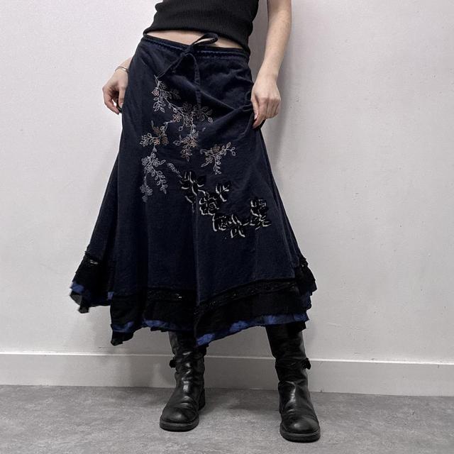 Navy corduroy embroidered ruffle maxi skirt