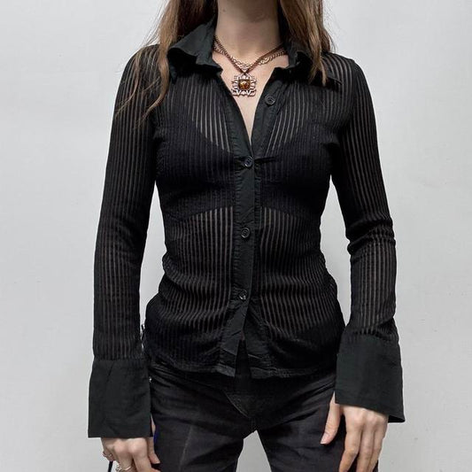 Black textured pinstripe sheer flared shirt