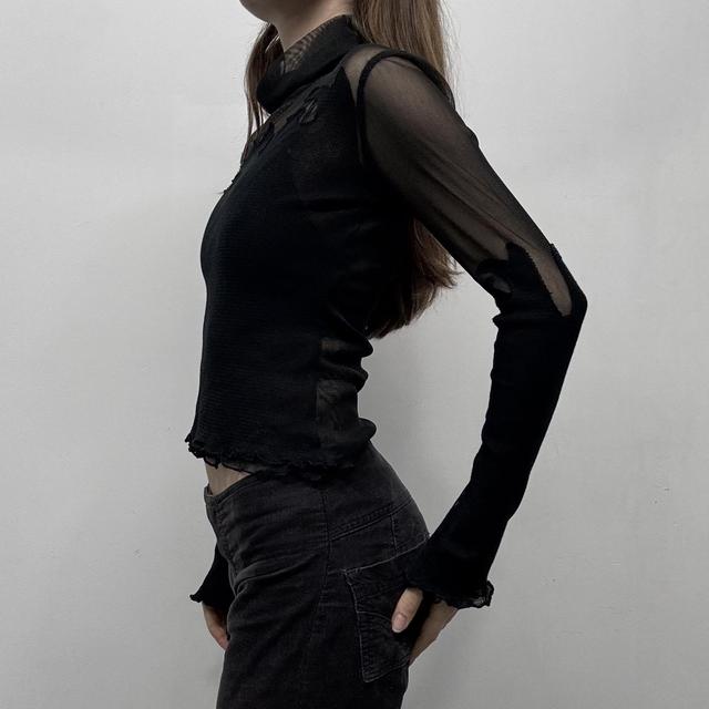 Black sheer mesh layered ruffle shirt