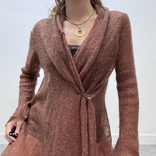 Brown sheer watefall pointelle knit fairy cardigan