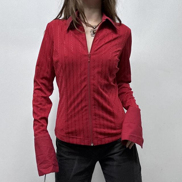 Red zip up pinstripe flared shirt