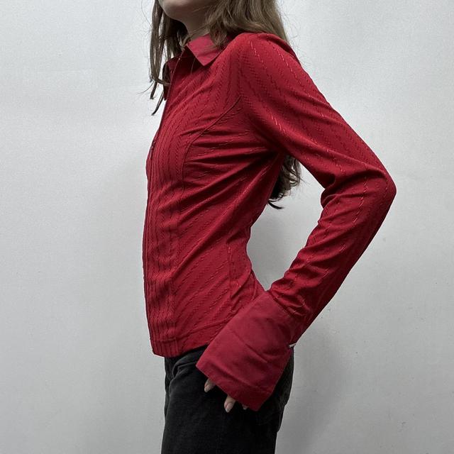 Red zip up pinstripe flared shirt