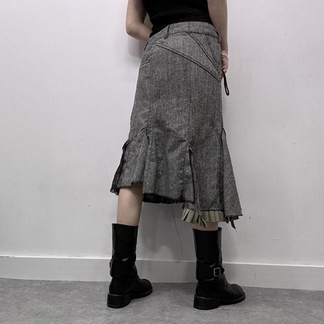Flared grey tweed archival asymmetric midi skirt