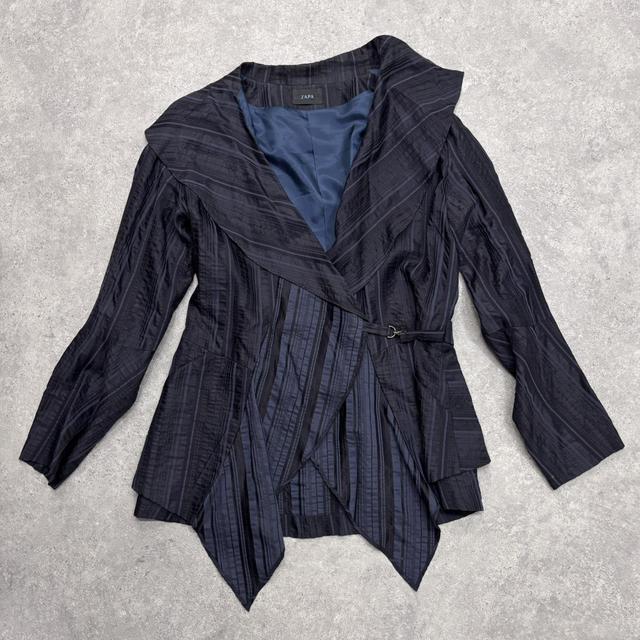 Navy pinstripe asymmetric layered jacket