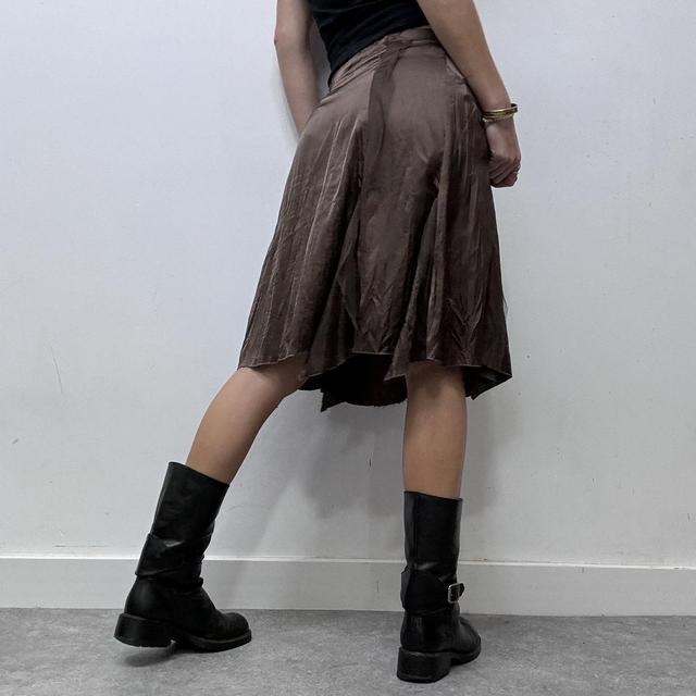 Brown satin asymmetric ribbon midi skirt