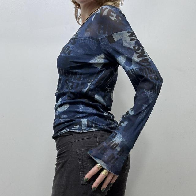 Sheer blue micro mesh text top