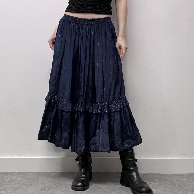 Navy pleated crinkle midi skirt
