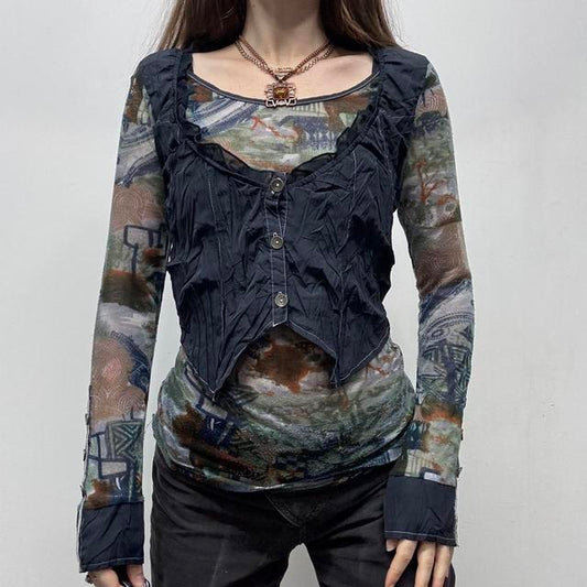 Sheer graphic patterned layered waistcoat top
