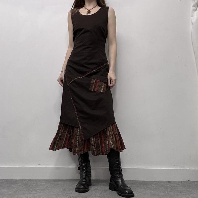 Brown pinstripe asymmetric maxi dress