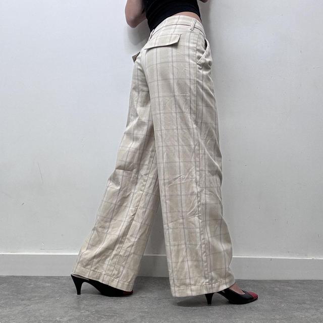 Beige flared wide leg checked suit trousers