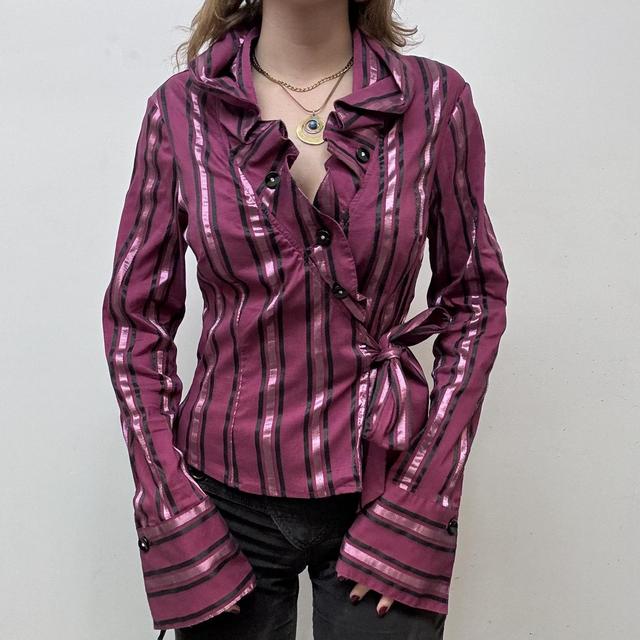 Pink pinstipe ruffle office shirt