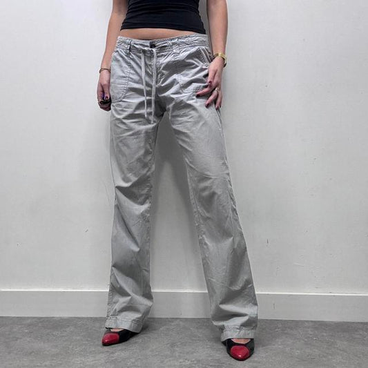 Grey pinstripe wide leg flared drawstring cargo pants