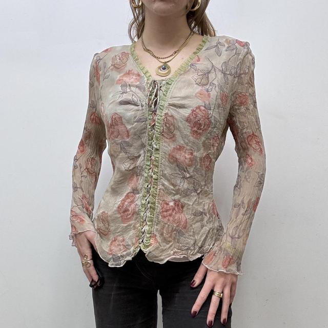 Sheer crinkle floral lace up fairy shirt