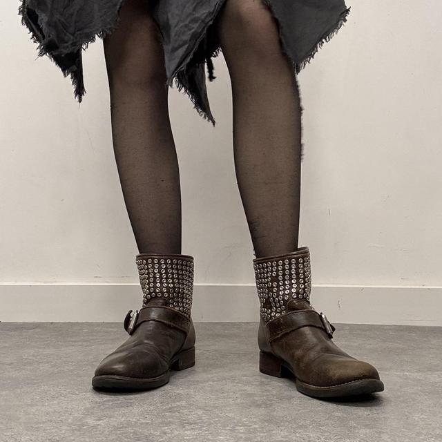 Brown leather studded eyelet boots