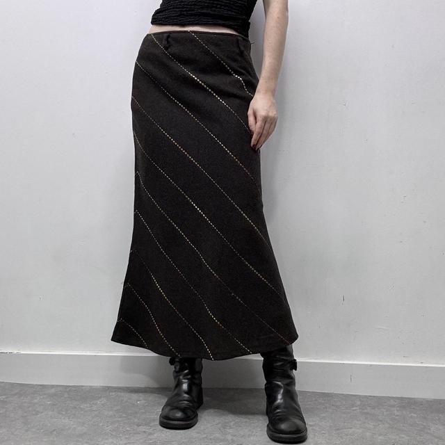 Brown pinstripe diagonal wool midi skirt